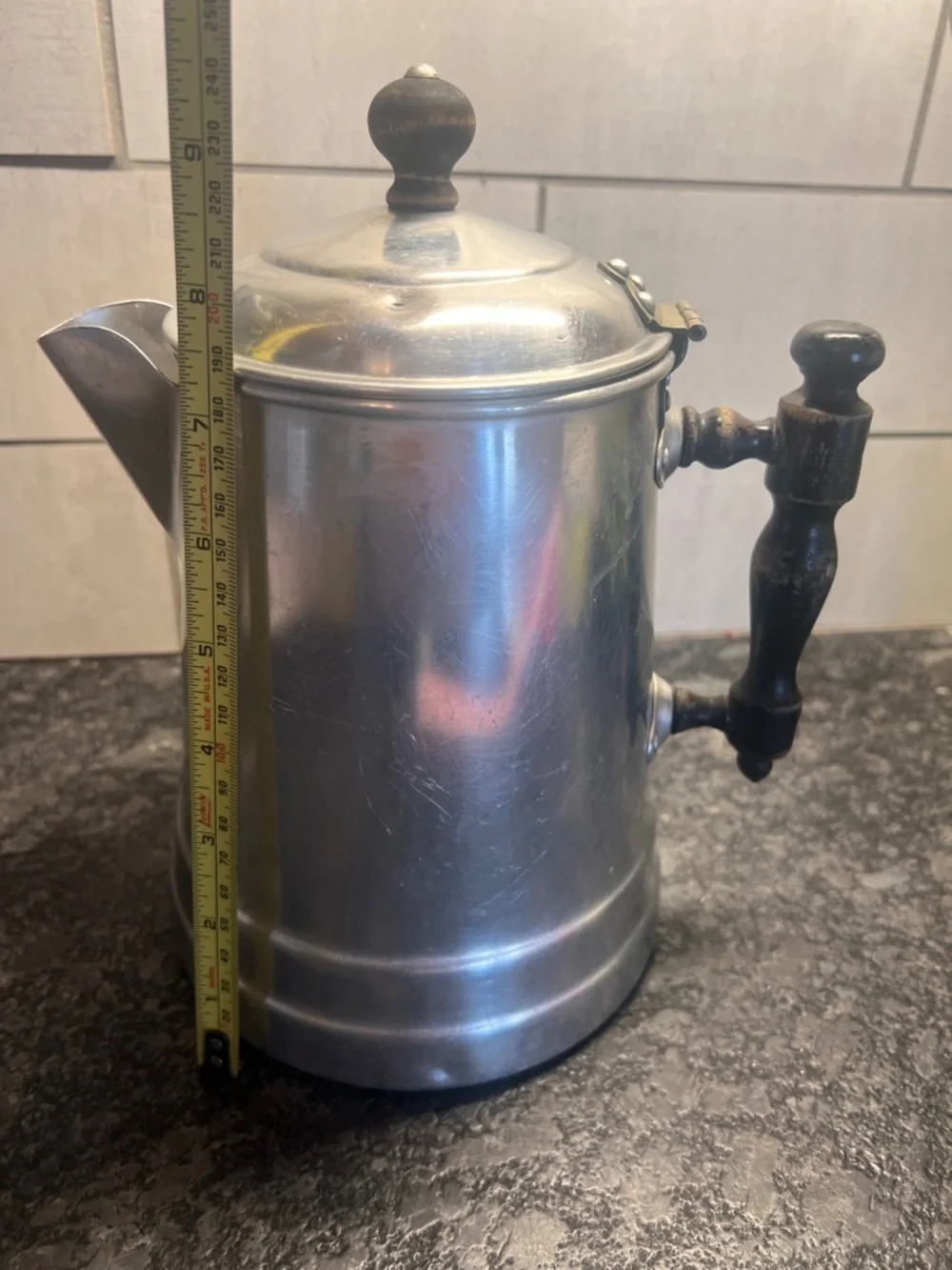 Vintage Wear Ever Aluminum Coffee Pot with Black Wooden Handle - Silver Finish.